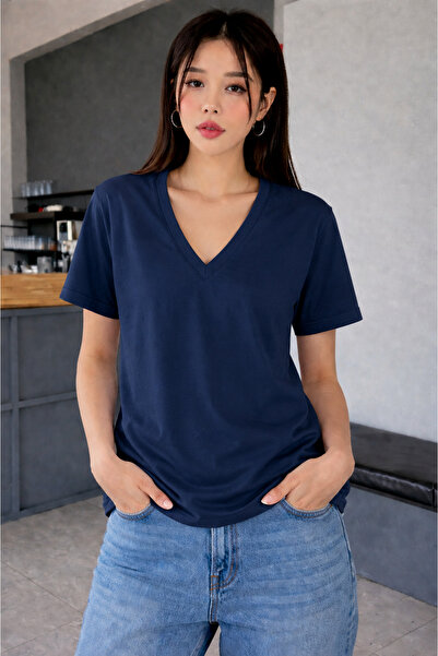 SOFT AURA Kadın Lacivert V yaka t-shirt %100 pamuk