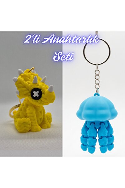 3DAtölyeMaker Yellow Knitted Pattern Triceratops and Light Blue Moving Jellyf...