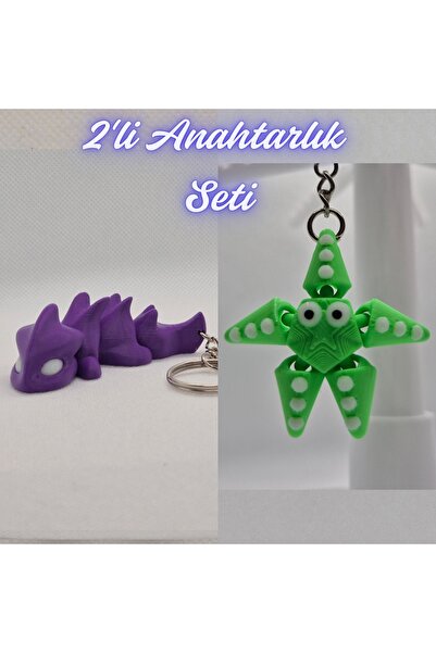 3DAtölyeMaker Purple Flexible Dragon and Green Moving Starfish Keychain