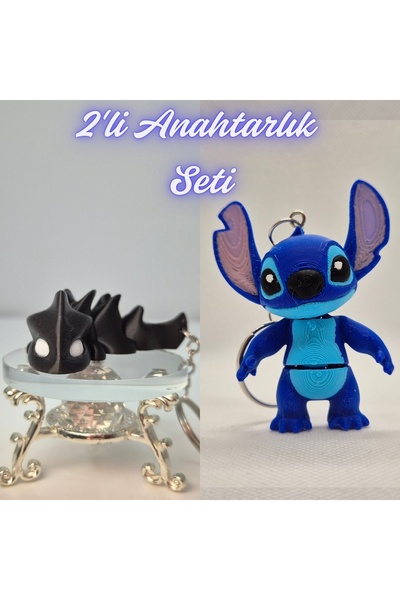 3DAtölyeMaker Black Flexible Dragon and Blue Flexible Stitch Keychain
