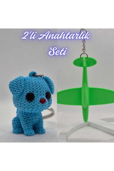 3DAtölyeMaker Light Blue Knitted Patterned Dog and Green Airplane Keychain
