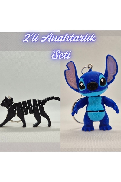 3DAtölyeMaker Black Flexible Cat and Blue Flexible Stitch Keychain