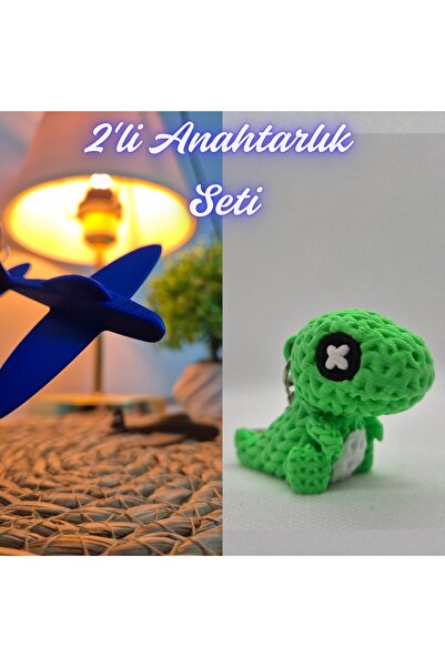 3DAtölyeMaker Blue Airplane and Green Knitted Pattern Moving Dino Keychain