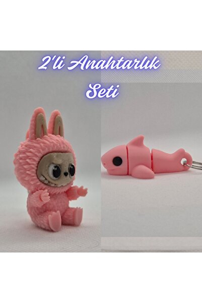 3DAtölyeMaker Light Pink Labubu and Light Pink Flexible Shark Keychain