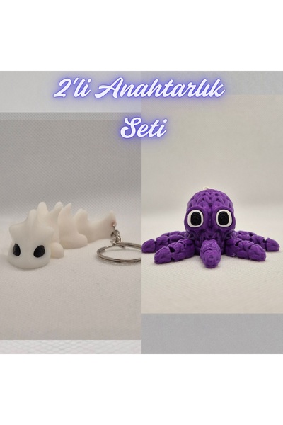 3DAtölyeMaker White Flexible Dragon and Purple Knitted Pattern Octopus Keychain