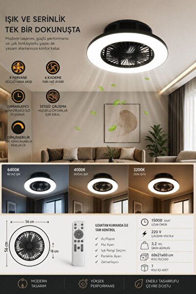 Cata CT-3011 Yıldız Kumandalı LED Tavan Vantilatörü 3 Renk Sessiz Tavan Fanı ...