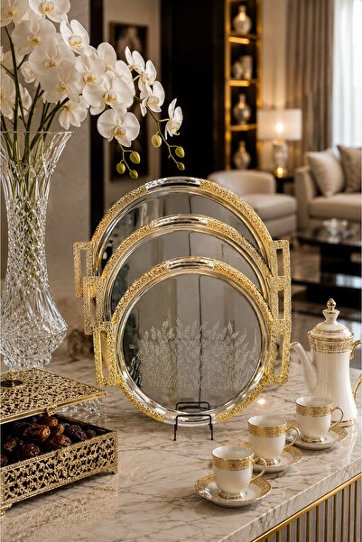 Generic Royal Gold Trim and Handles Silver Round Tray Set with Scalloped Patt...