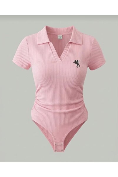 eyonnwear Embroidery Detailed Polo Collar Stretchy Ribbed Snap Fastener Women...