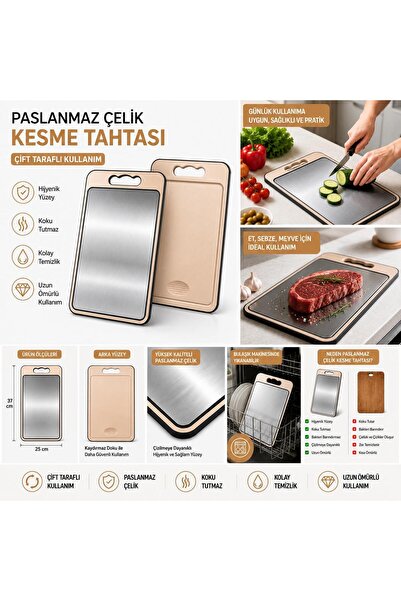 ookico 304 Paslanmaz Çelik Yüzey (Satine) ve Polipropilen Yüzey Kesme Tahtası...