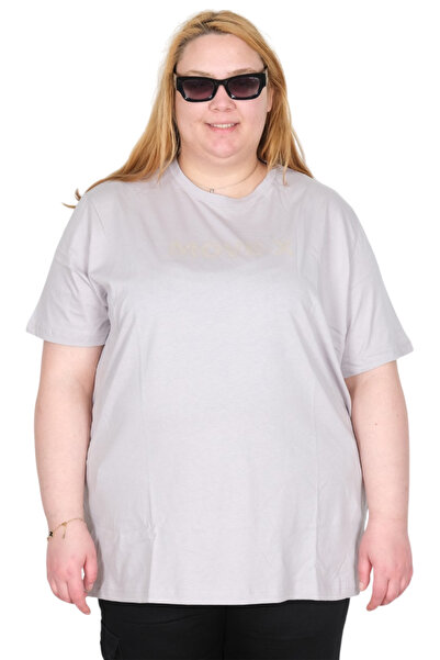 ModeXL Mode XL Real Big Size Women's T-Shirt Bis Yaka Move-X U26114 Gri̇