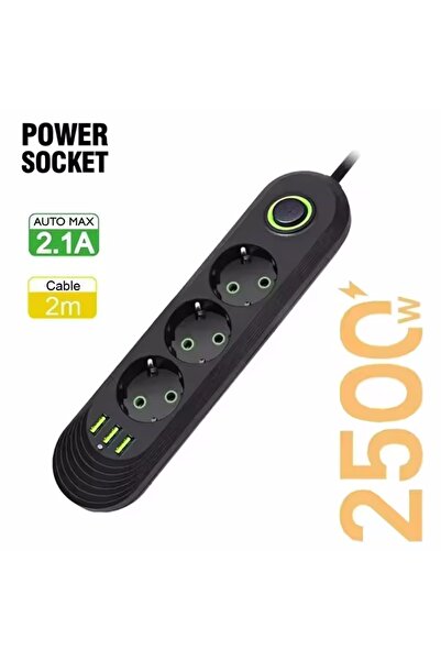 Choice5 شريط طاقة كهربائي أسود بـ 3 مخارج تيار متردد 2500 واط مع قابس أوروبي ...