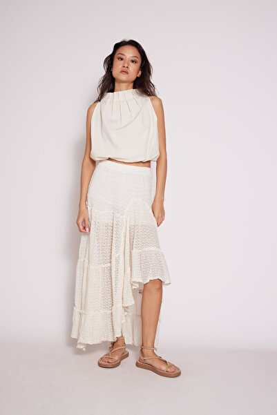 Nisan Asymmetric Ruffled Knit Skirt Raw Ecru