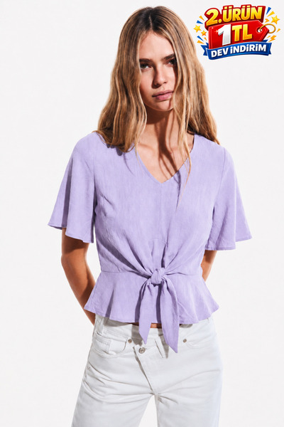 DAMGA JEANS Bluză de damă, confortabilă, cu mânecă scurtă, liliac, cu șireturi