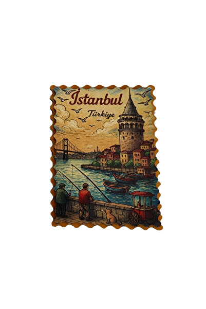 Vintage İstanbul Pul Tasarımlı Ahşap Magnet – Galata Kulesi Temalı