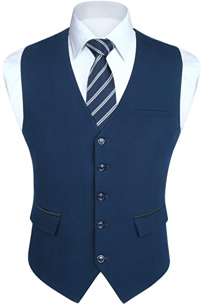 HISDERN Mens Classic Tuxedo Waistcoat with Pockets Wedding Party Business Sol...