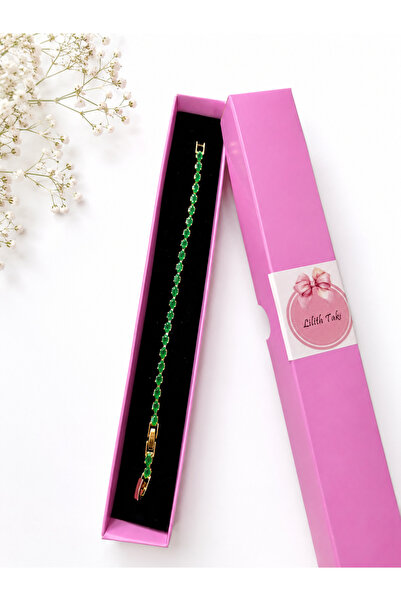 Lilith Takı Emerald Green Stone Gold Bracelet – Elegant and Radiant Women's B...