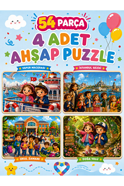esatoys 54 Parça Ahşap Puzzle Seti 4’lü Eğitici Çocuk Yapboz