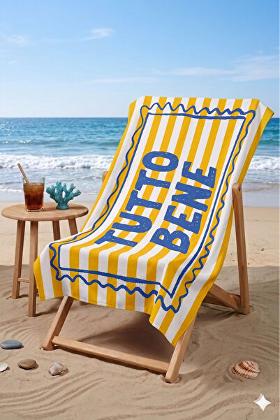 ASDİVA Tutto Bene Written Yellow and White Striped Beach Towel 75X150