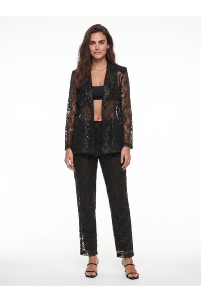 ONLOOX Black Acrylic Wool Blend Textured Semi-Transparent Sequin Detailed Top...