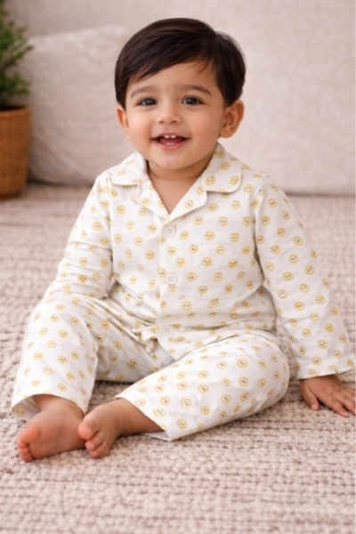 Weswadesi Brown Circle Pattern Muslin Khadi Cotton Kids Night Suit upto 12 month