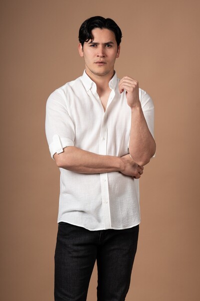 alenmeza Slimfit Collared Buttoned Folded Sleeve Linen Summer Shirt