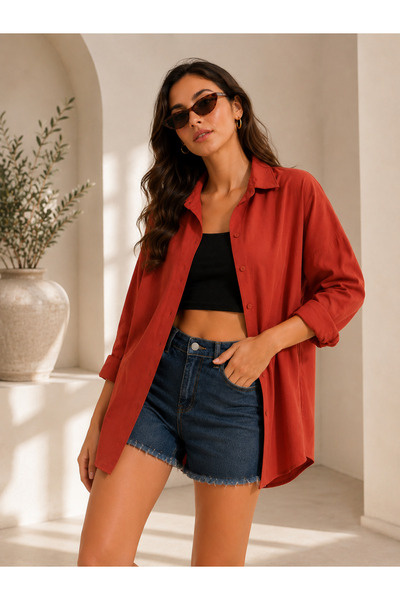 FERHEL Women's Oversize Long Basic Shirt - Tile