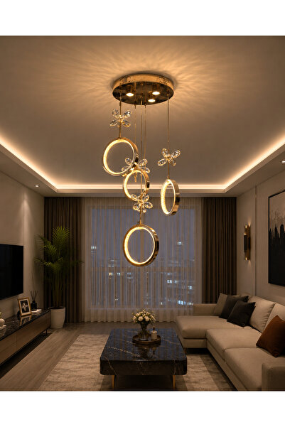Led YENİ MODEL 4 SARKIT LÜX AVİZE 3 IŞIK SEÇENEĞİ GOLD RENK