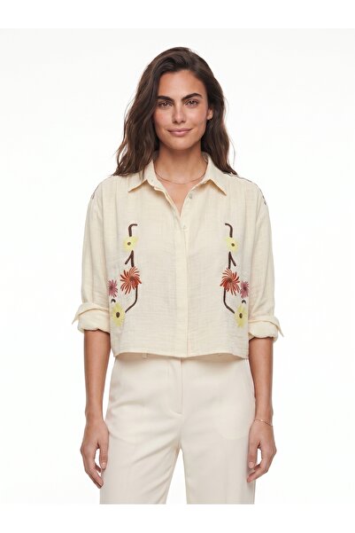 ONLOOX Butter Muslin Fabric Shirt Collar Long Sleeve Relaxed Cut Floral Embro...