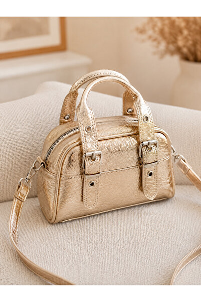Sellini Women's Shoulder Bag with Adjustable Straps and Buckle Detail Gold