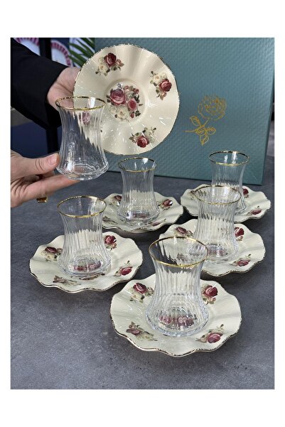 Doğudeko Rose 6 Lı Porselen Tabaklı Çay Seti