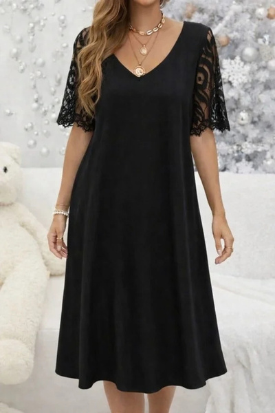USLUCAN ALIŞVERİŞ Women's Short Lace Sleeve V-Neck Midi Viscose Dress