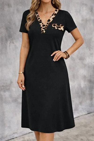 USLUCAN ALIŞVERİŞ Women's Short Sleeve V-Neck Midi Viscose Dress with Ornamen...