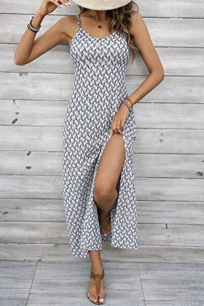 USLUCAN ALIŞVERİŞ Women's Rope Strap V-Neck Slit Long Single Jersey Dress