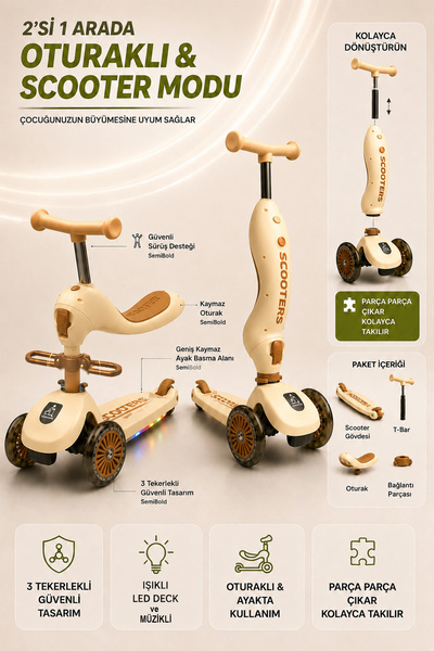 indirimsevinci 2’si 1 Arada Oturaklı Çocuk Scooter Led Işıklı Müzikli 3 Teker...