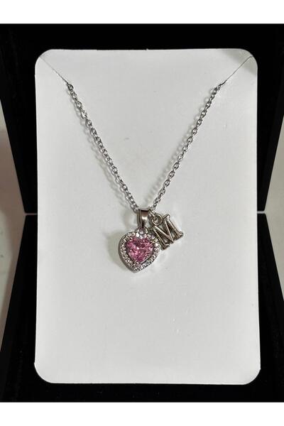bijoux uniques Zarif çelik zincirli kararmaz M harfli pembe kolye
