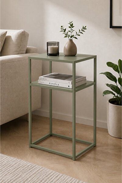İnoprotech Modern Yeşil Metal Yan Sehpa 2 Raflı Minimalist Salon ve Yatak Oda...