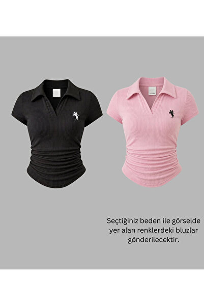 Gofeel Women's 2 Li Vintage Polo Collar Ribbed Lycra Blouse