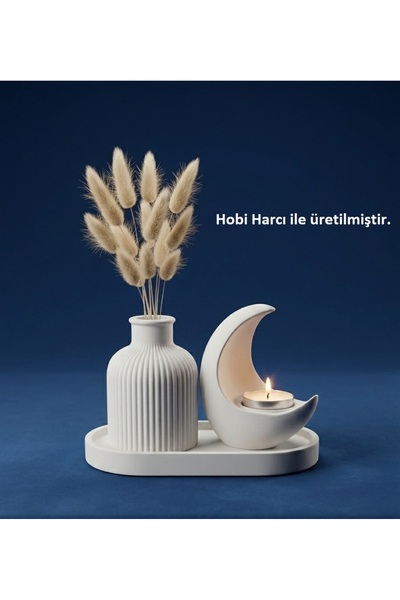 CANSEB Elegance Özel İşçilik Hilal Mumluk & Pampas Vazosu Seti ( Tealight Mum...