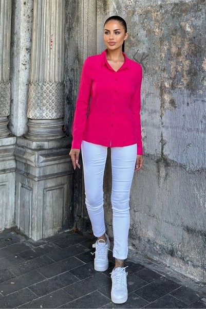 Pasaklı Giyim Women's Fuchsia Pink Long Sleeve, Fitted, Textured Thin Maya Crepe Fabric Basic Shirt 3552253