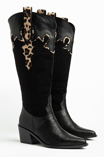 DENORA Leopard Black Matte Leather Suede Cowboy Western Boots