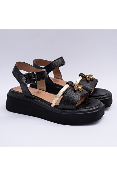 VAGAM Women 'Sandals Made of Genuine Leather Black with Gold