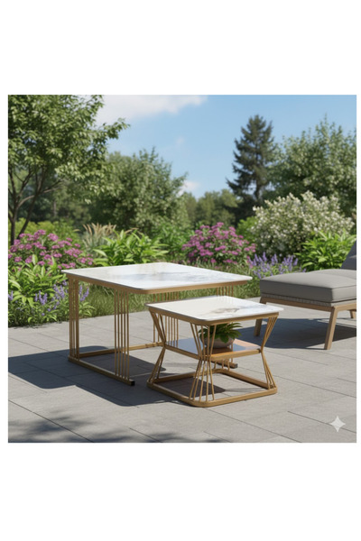 luxino Square Nesting Coffee Table Set - 2 Pieces,WHITE Marble Top & Geometri...