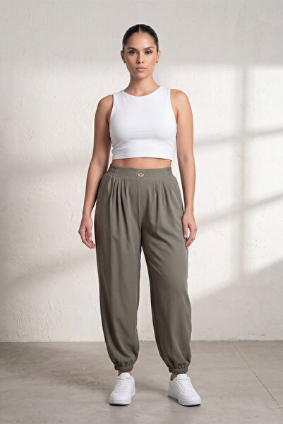 EXİTLİNE Women's Khaki Summer Pants with Elastic Waist and Cuffs and Stone De...