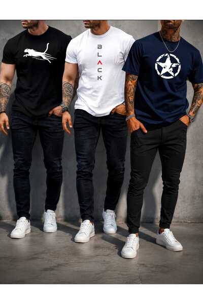 tkn your style Tricou pentru bărbați, 3 piese, negru, alb, bleumarin, cu impr...