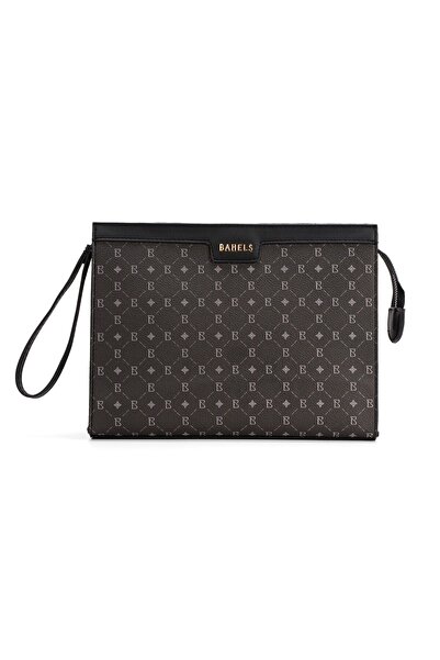 BAHELS Geantă clutch neagră cu monogramă și mâner pentru femei