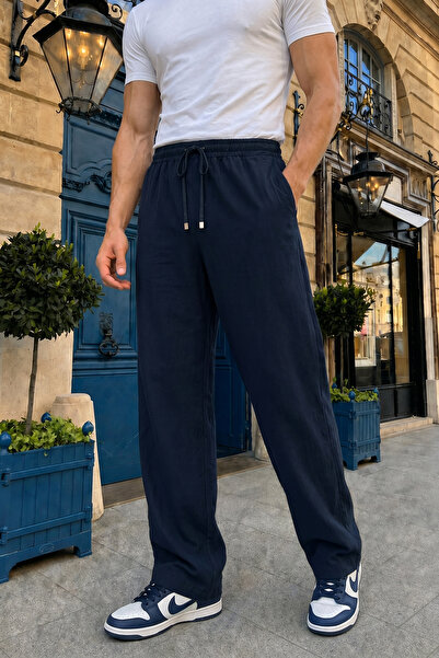 THE RULE Pantaloni casual pentru bărbați, albastru marin, din țesătură de in,...