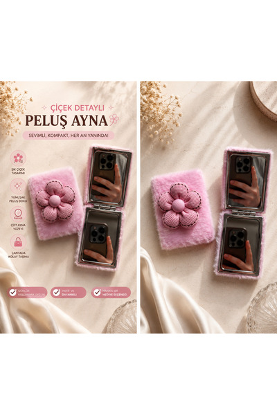 Louesse Beauty Çiçek Detaylı Peluş Cep Aynası | Şık ve Taşınabilir Kadın Aynası