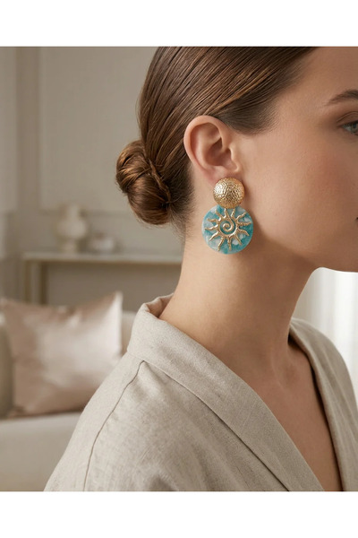 Dorvina Steel Vintage Women's Earrings Gold Color Blue Plate Sun Model