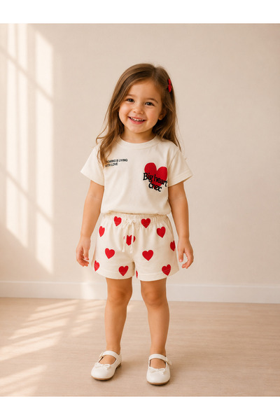 ues Girl's Heart Patterned Shorts Set