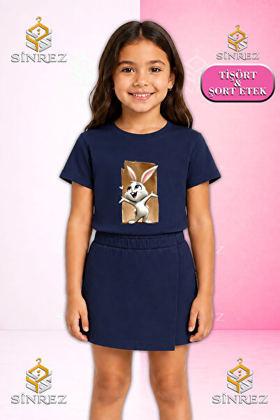 SİNREZ Girl's Set Tavsan Canvas White Pink Printed Short Sleeve T-Shirt Short...